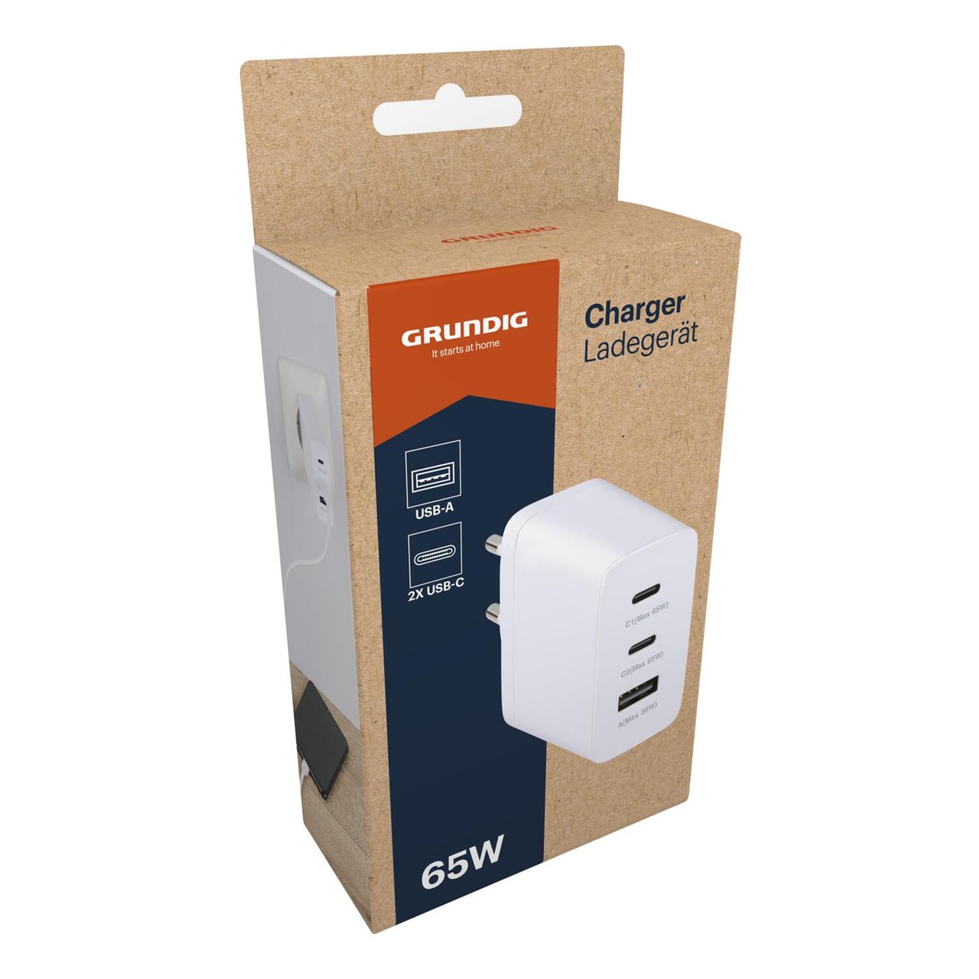 Grundig Зарядно 220V GaN 65W 1xUSB и 2xUSB-C порта