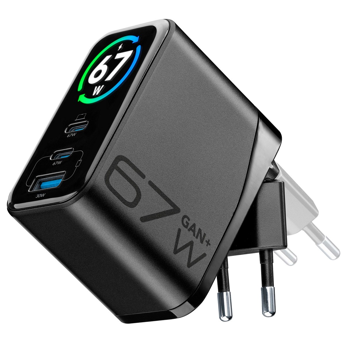 Зарядно 220V GaN+ TFT 2xUSB-C + USB-A 67W черно