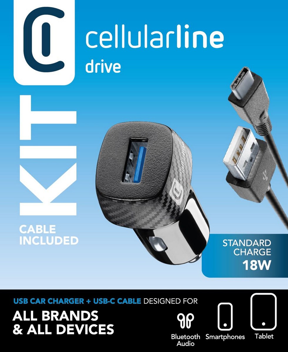 Зарядно за кола 12V USB-A 18W + кабел USB-C черно