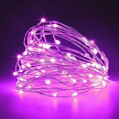 Коледни лампички 100 MINI LED с розова светлина и сребърен кабел